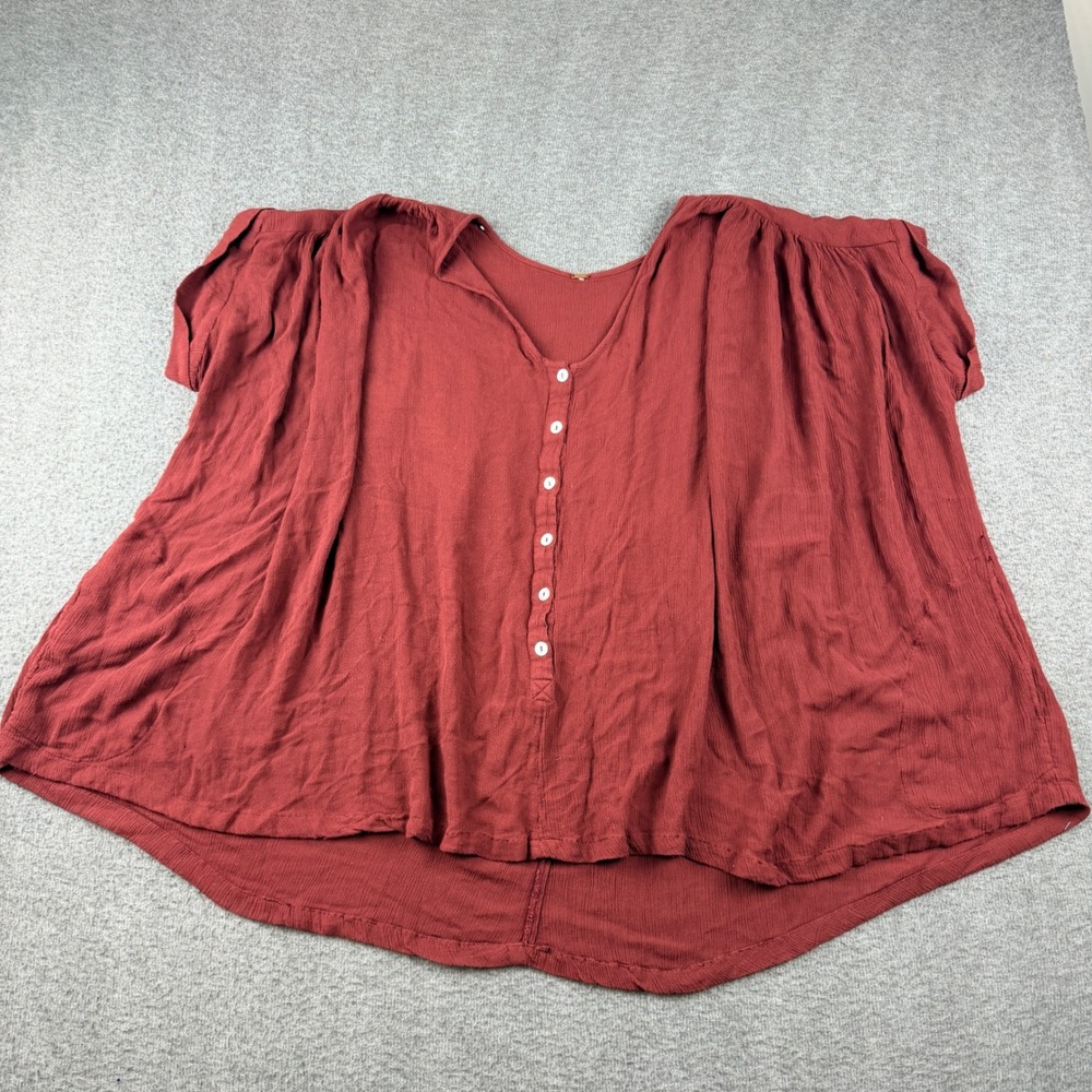 Free People Women's S Small Arlo Gauze Henley Top Red Boho Oversized